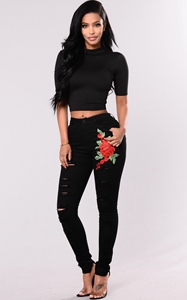 SZ60119 Women Rose Embroidered Denim High Waist Ripped Skinny Jeans